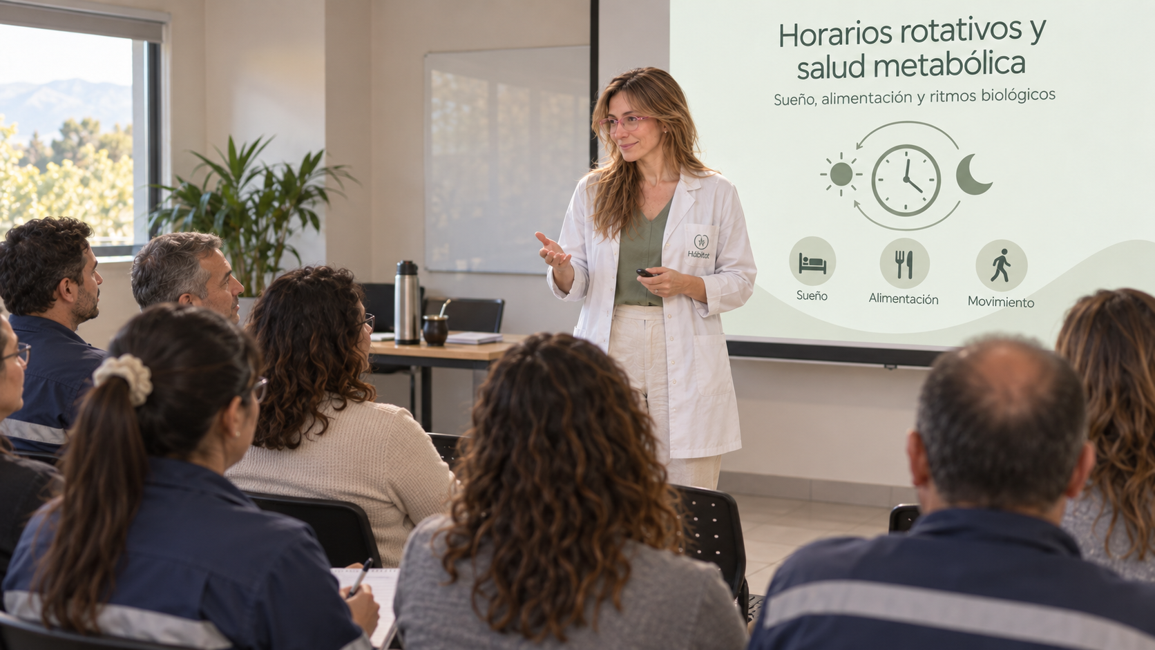 Charla ante un grupo de trabajadores sobre horarios rotativos y salud metabólica: sueño, alimentación y movimiento.