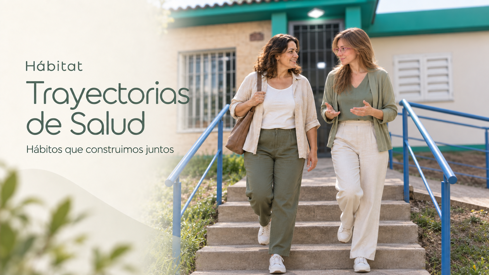 Hábitat. Trayectorias de Salud. Hábitos que construimos juntos. Dos mujeres conversan al salir del centro.
